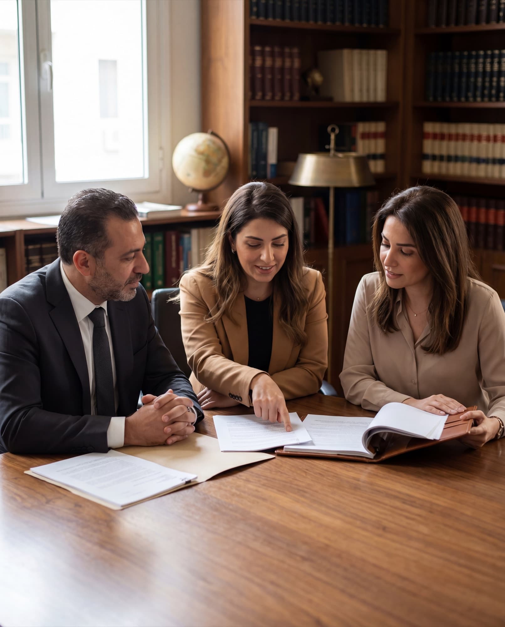 Team of intellectual property professionals collaborating over a trademark dossier in a Beirut law office