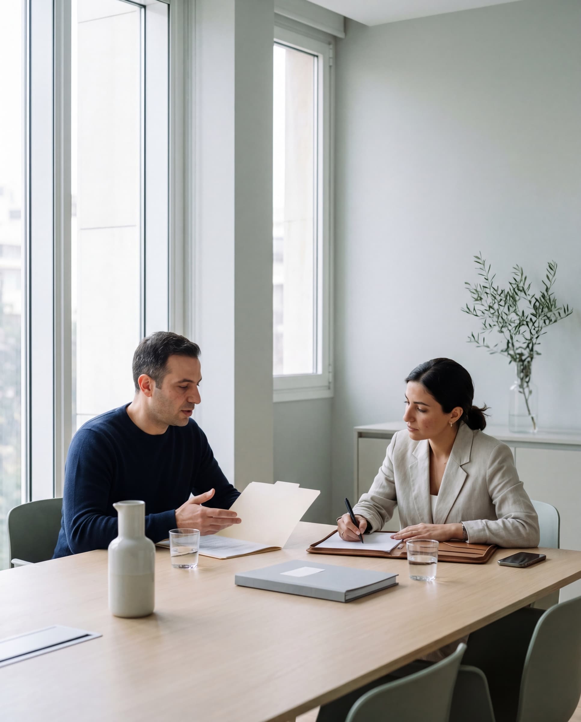 Two professionals in a quiet consultation at a Beirut intellectual property consultancy