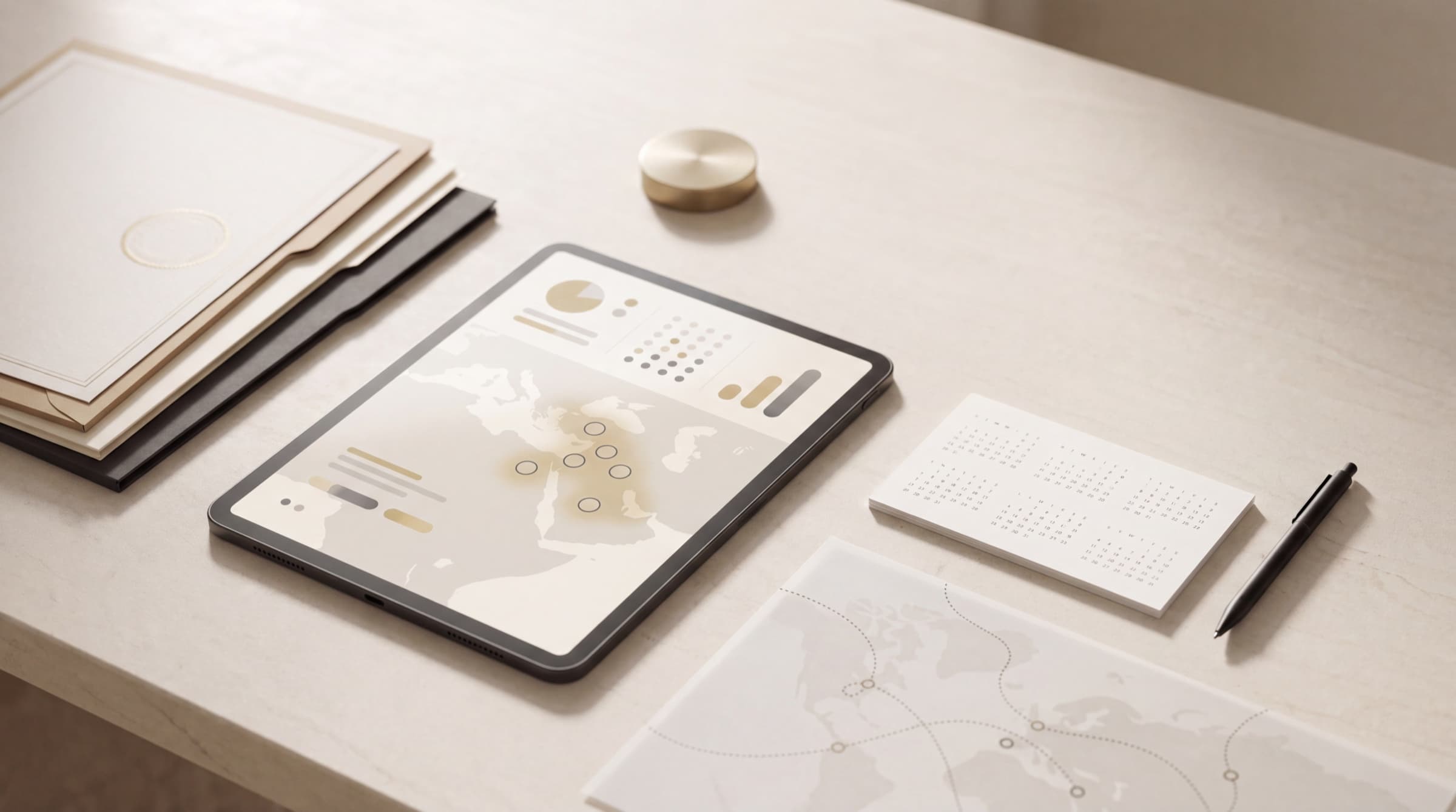 Trademark dossiers and a monitoring dashboard on a calm consultancy workspace